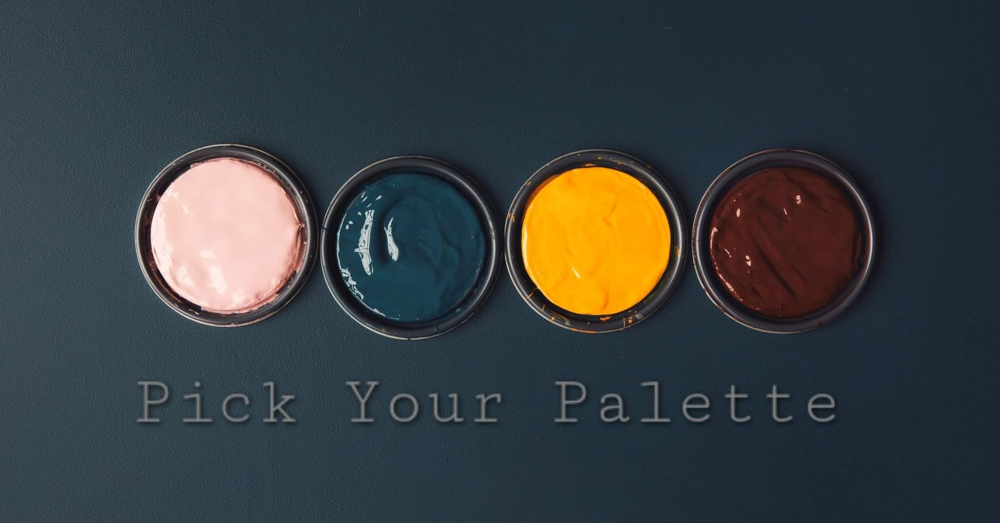 Pick Your Palette logo: four open paint cans in pink, teal, yellow, and deep red on a dark navy background